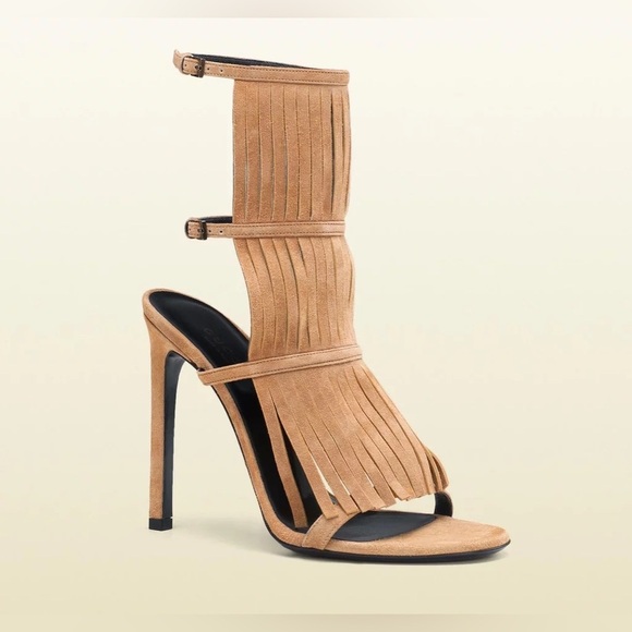 Gucci Becky Tan Hi Camelia Western Fringe Suede High Heels Brown - Picture 2 of 8